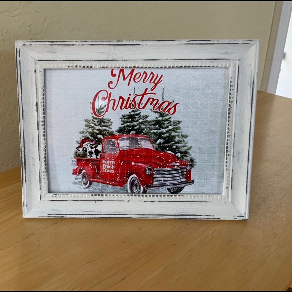 Farmhouse Merry Christmas red truck picture 5x7 w/frame